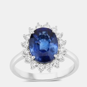 4.06 cts Ceylon Blue Sapphire and Diamond 18K White Gold Halo Ring US Size 7, Rings - Luxury Closet