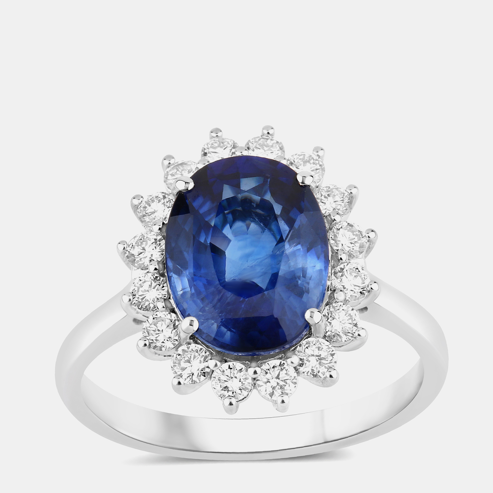 4.06 cts Ceylon Blue Sapphire and Diamond 18K White Gold Halo Ring US Size 7, Rings - Luxury Closet