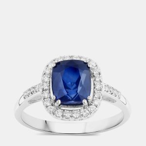 2.77 cts Ceylon Blue Sapphire and Diamond 18K White Gold Halo Ring US Size 7, Rings - Luxury Closet