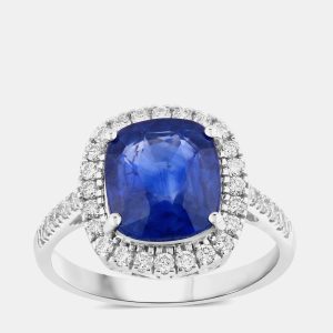 4.35 cts Ceylon Blue Sapphire and Diamond 18K White Gold Halo Ring US Size 7, Rings - Luxury Closet
