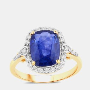 3.72 cts Ceylon Blue Sapphire and Diamond 18K Yellow Gold Halo Ring US Size 7, Rings - Luxury Closet