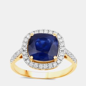 3.38 cts Ceylon Blue Sapphire and Diamond 18K Yellow Gold Halo Ring US Size 7, Rings - Luxury Closet