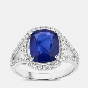 4.01 cts Ceylon Blue Sapphire and Diamond 18K White Gold Halo Ring US Size 7, Rings - Luxury Closet
