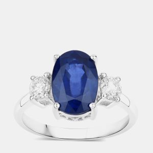 3.85 cts Ceylon Blue Sapphire and Diamond 18K White Gold 3 Stone Ring US Size 7, Rings - Luxury Closet
