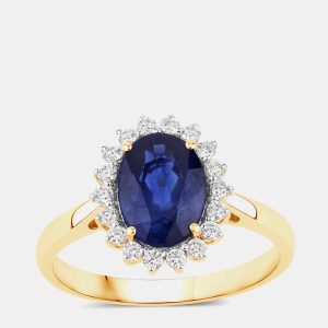 2.36 cts Ceylon Blue Sapphire and Diamond 18K Yellow Gold Halo Ring US Size 7, Rings - Luxury Closet