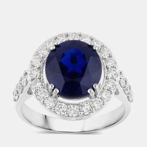 4.74 cts Ceylon Blue Sapphire and Diamond 18K White Gold Halo Ring US Size 7, Rings - Luxury Closet
