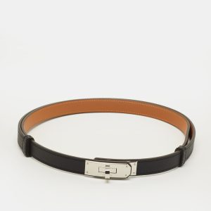 Herm&egrave;s Kelly 18 Palladium Finish Adjustable Belt Noir Epsom Leather, Belt Buckles - Luxury Closet