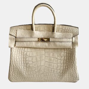 Hermes Birkin 25 Trench Gray Matte Crocodile Gold Hardware, Tote Handbags - Luxury Closet