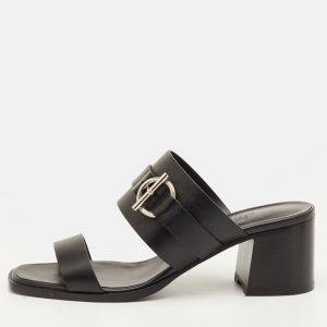 Hermes Kute Size 39.5 Black Leather Block Heel Slide Sandals, Sandals - Luxury Closet