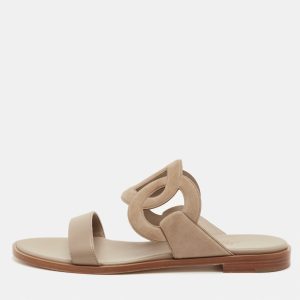 Hermes Lagune Size 39.5 Khaki Beige Leather and Suede Flat Slide Sandals, Sandals - Luxury Closet