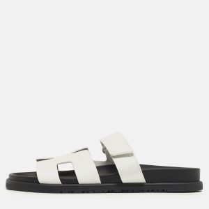 Hermes Chypre Size 40 White Leather Flat Slide, Sandals - Luxury Closet