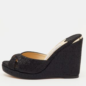 Jimmy Choo Almer Size 34.5 Black Metallic Lurex Fabric Criss Cross Wedge Sandals, Sandals - Luxury Closet