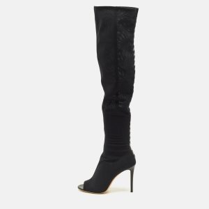 Jimmy Choo Size 39 Black Leather and Mesh Open Toe Over The Knee Boots, Boots - Luxury Closet