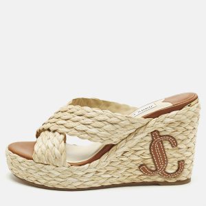Jimmy Choo Dovina Size 38 Beige Raffia Wedge Sandals, Sandals - Luxury Closet