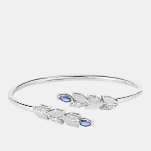 0.50 cts Blue Sapphire and Diamond 14K White Gold Bypass Bangle, Bracelets - Luxury Closet
