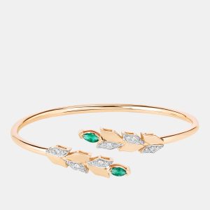 0.50 cts Emerald and Diamond 14K Yellow Gold Bypass Bangle, Bracelets - Luxury Closet