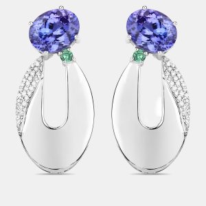 5.87 cts Multi Stone and Diamond 14K White Gold Drop Earrings, Earrings - Luxury Closet