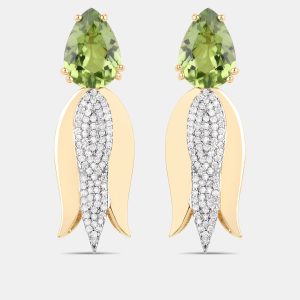 4.02 cts Peridot and Diamond 14K Yellow Gold Tulip Drop Earrings, Earrings - Luxury Closet