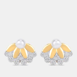 4.00 cts Pearl and Diamond 14K Yellow Gold Petal Bloom Studs, Earrings - Luxury Closet