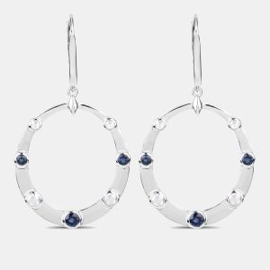 1.67 cts Blue Sapphire and Diamond 14K White Gold Dangle Earrings, Earrings - Luxury Closet