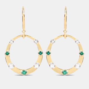 0.96 cts Emerald and Diamond 14K Yellow Gold Dangle Earrings, Earrings - Luxury Closet