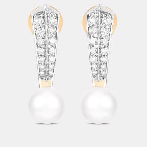5.50 cts Pearl and Diamond 14K Yellow Gold Dangle Earrings, Earrings - Luxury Closet