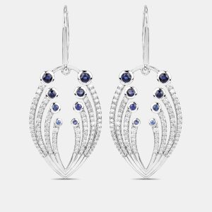 1.12 cts Blue Sapphire and Diamond 14K White Gold Dangle Earrings, Earrings - Luxury Closet