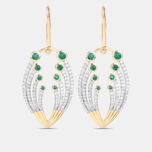 0.85 cts Emerald and Diamond 14K Yellow Gold Dangle Earrings, Earrings - Luxury Closet