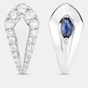 0.72 cts Blue Sapphire and Diamond 14K White Gold Huggie Earrings, Earrings - Luxury Closet