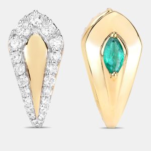 0.60 cts Emerald and Diamond 14K Yellow Gold Huggie Earrings, Earrings - Luxury Closet