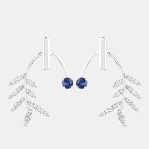 0.75 cts Blue Sapphire and Diamond 14K White Gold Laurel Vine Earrings, Earrings - Luxury Closet