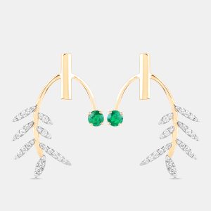 0.49 cts Emerald and Diamond 14K Yellow Gold Laurel Vine Earrings, Earrings - Luxury Closet