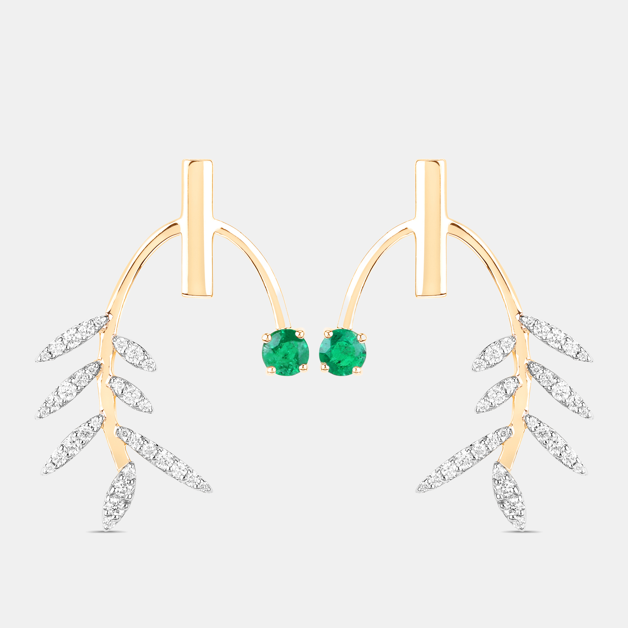 0.49 cts Emerald and Diamond 14K Yellow Gold Laurel Vine Earrings, Earrings - Luxury Closet