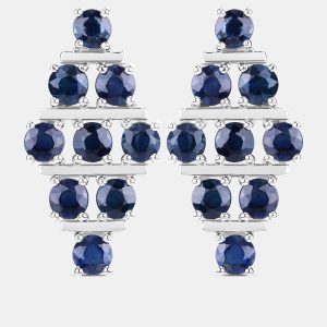 6.41 cts Blue Sapphire 14K White Gold Multi-Row Cluster Earrings, Earrings - Luxury Closet