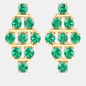 4.45 cts Emerald 14K Yellow Gold Multi-Row Cluster Earrings, Earrings - Luxury Closet