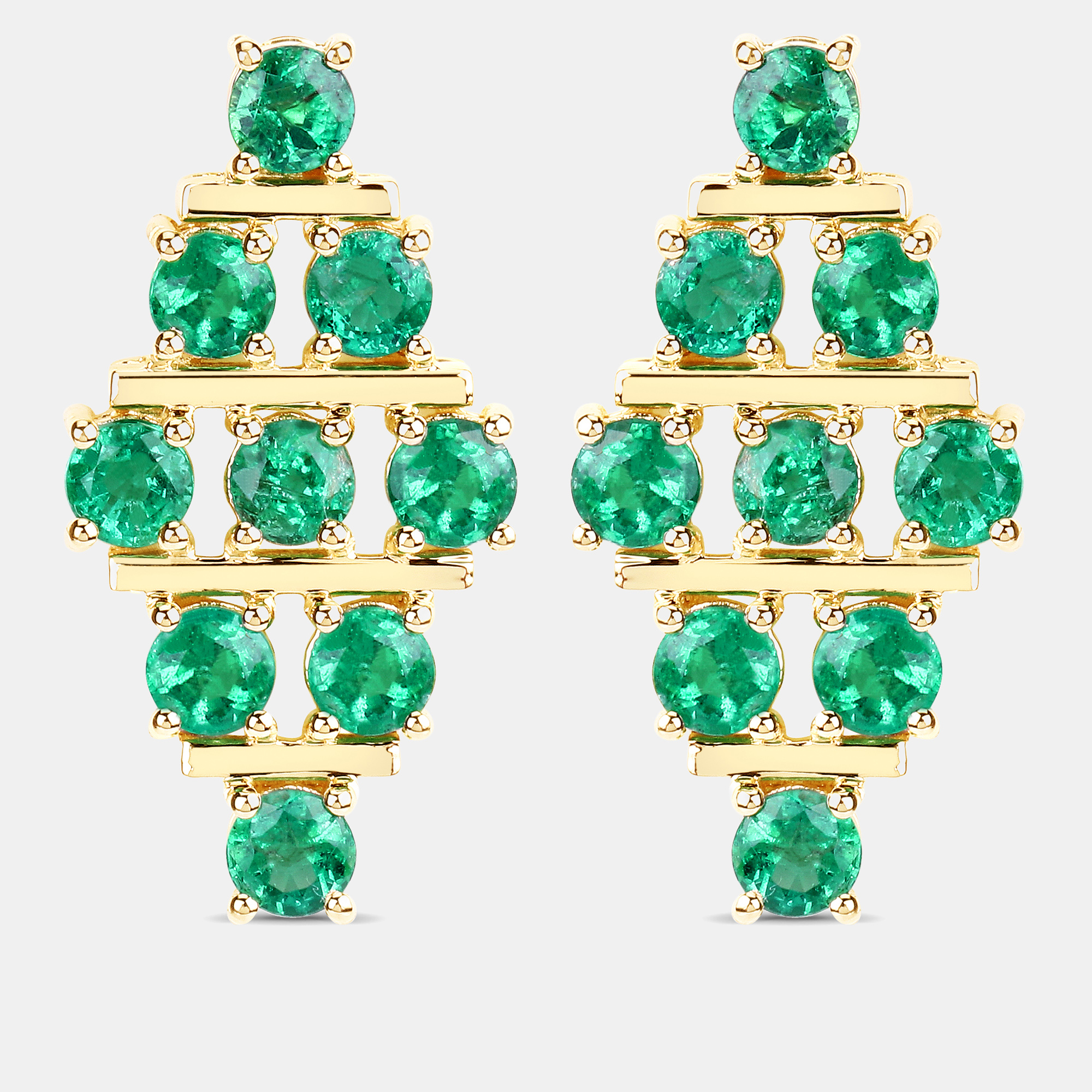 4.45 cts Emerald 14K Yellow Gold Multi-Row Cluster Earrings, Earrings - Luxury Closet