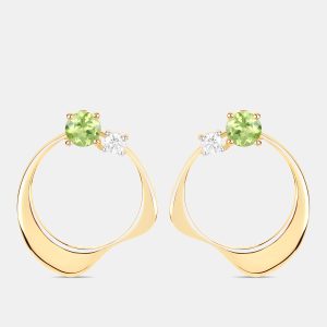 1.02 cts Peridot and Diamond 14K Yellow Gold Wave Shape Earrings, Earrings - Luxury Closet