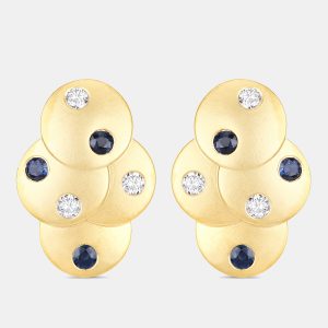 1.00 cts Blue Sapphire and Diamond 14K Yellow Gold Layered Disc Studs, Earrings - Luxury Closet