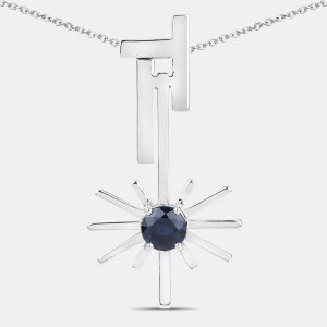 0.98 cts Blue Sapphire 14K White Gold Sunburst Pendant, Necklaces - Luxury Closet