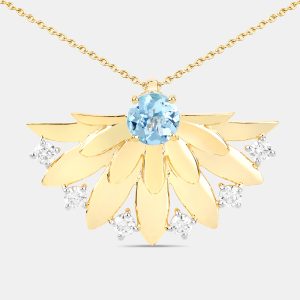 0.68 cts Aquamarine and Diamond 14K Yellow Gold Floral Fan Pendant, Necklaces - Luxury Closet