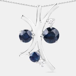 2.56 cts Blue Sapphire and Diamond 14K White Gold Nature Inspired Pendant, Necklaces - Luxury Closet