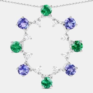 2.26 cts Multi Stone and Diamond 14K White Gold Circle Pendant, Necklaces - Luxury Closet