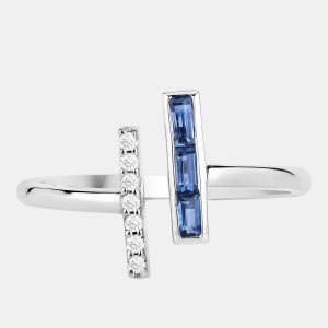 0.25 cts Blue Sapphire and Diamond 14K White Gold Bypass Bar Ring US Size 7, Rings - Luxury Closet