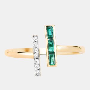 0.18 cts Emerald and Diamond 14K Yellow Gold Bypass Bar Ring US Size 7, Rings - Luxury Closet