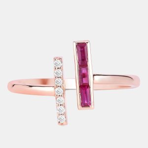 0.15 cts Ruby and Diamond 14K Rose Gold Bypass Bar Ring US Size 6.50, Rings - Luxury Closet