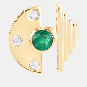 0.98 cts Emerald and Diamond 14K Yellow Gold Promise Ring US Size 7, Rings - Luxury Closet