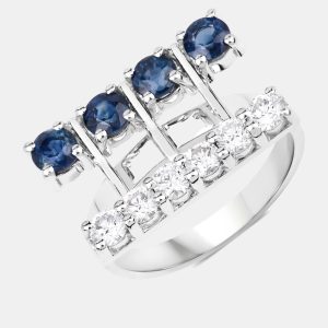 1.34 cts Blue Sapphire and Diamond 14K White Gold Bar Ring US Size 7, Rings - Luxury Closet