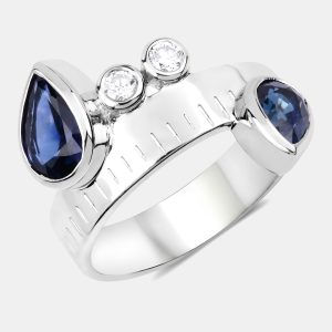 1.63 cts Blue Sapphire and Diamond 14K White Gold Bypass Ring US Size 7, Rings - Luxury Closet