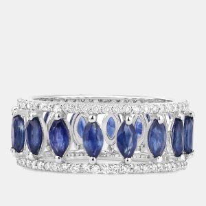 2.89 cts Blue Sapphire and Diamond 14K White Gold Eternity Band Ring US Size 7, Rings - Luxury Closet