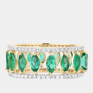 2.15 cts Emerald and Diamond 14K Yellow Gold Eternity Band Ring US Size 7, Rings - Luxury Closet
